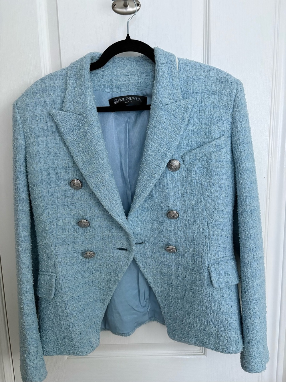 Balmain Women’s Light Blue Tweed Double-Breasted Blazer size 44